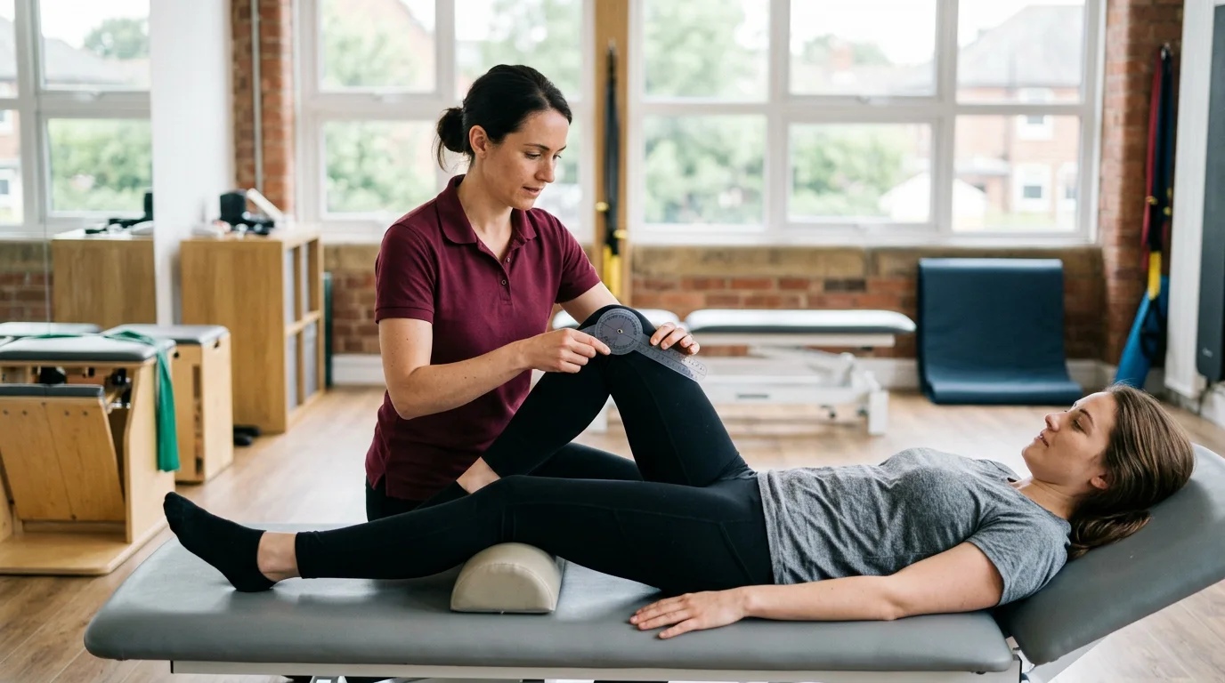 Physiotherapist assessing a patient's movement during an initial rehabilitation session