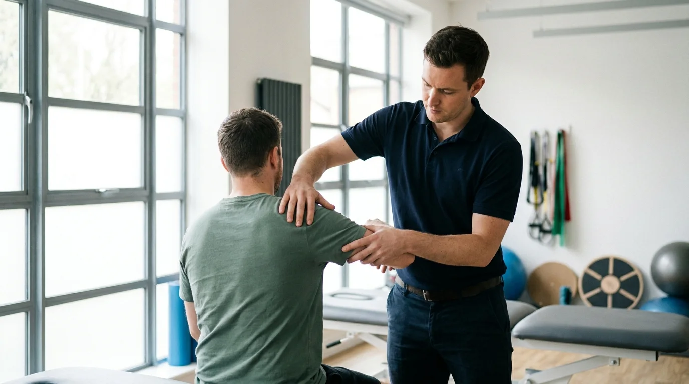 Physiotherapist providing hands-on shoulder treatment in a rehabilitation studio