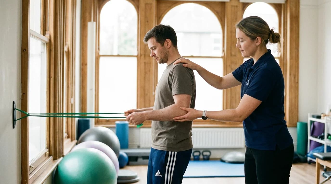 HCPC-registered physiotherapist guiding a patient through shoulder rehabilitation exercises in a treatment clinic