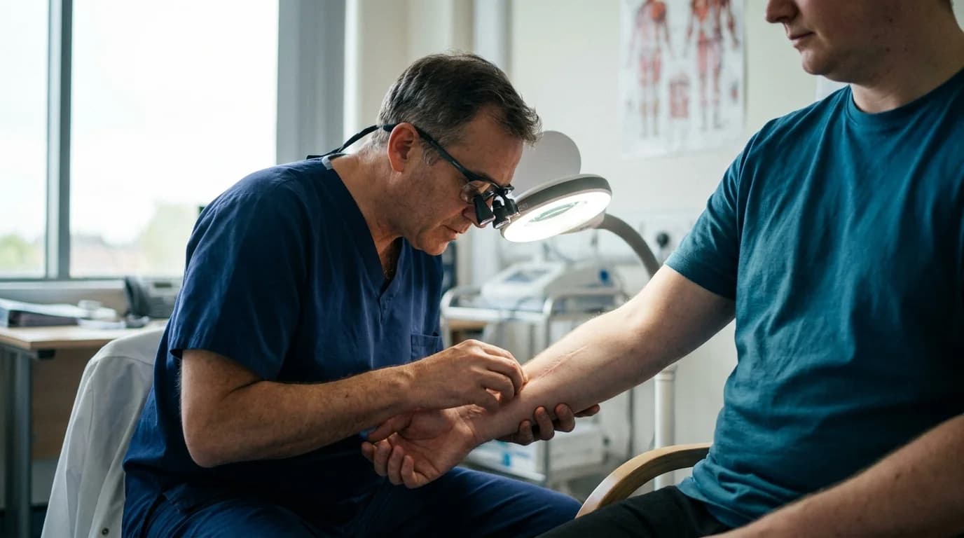 Consultant plastic surgeon examining scarring on a patient's forearm during a medico-legal assessment