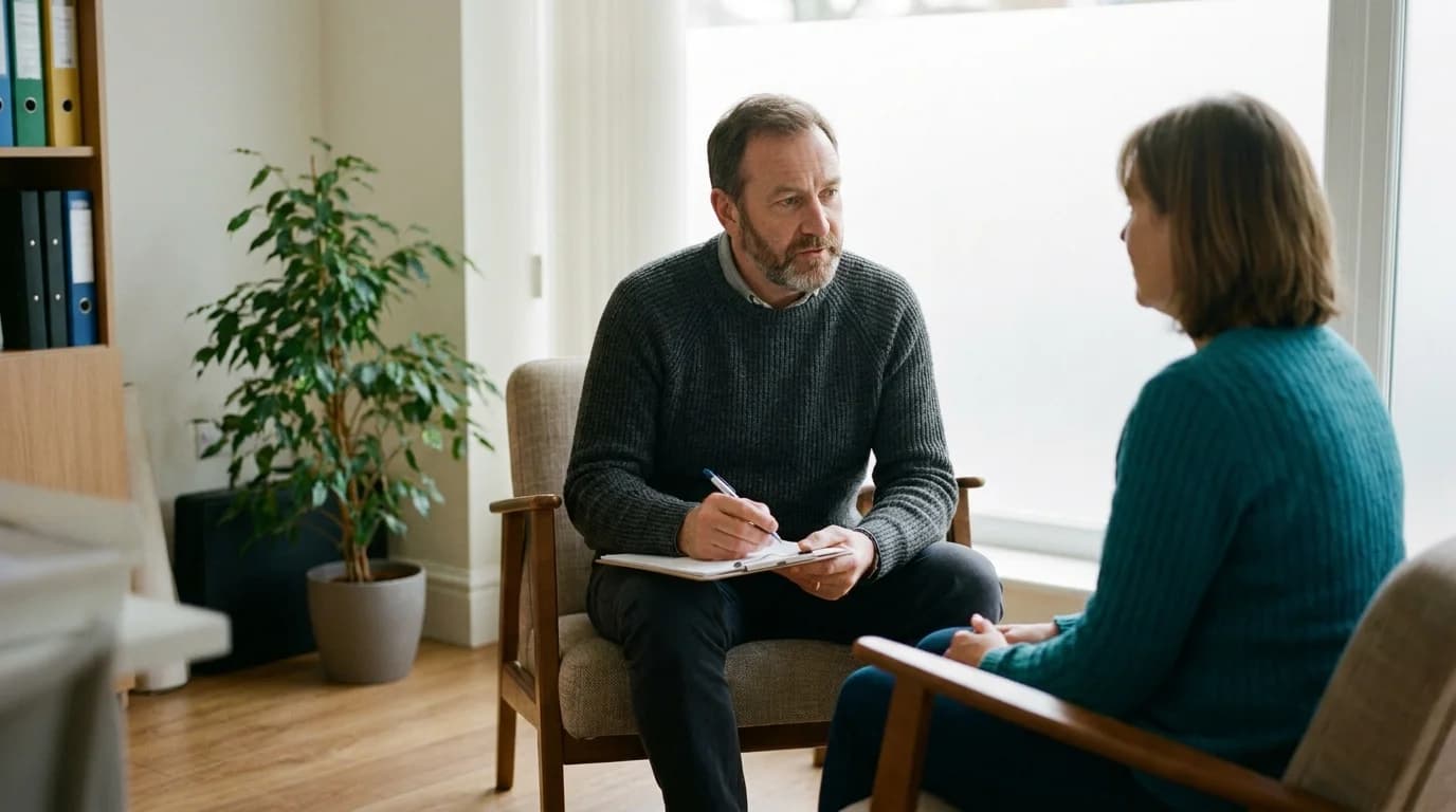 Consultant psychiatrist conducting a diagnostic assessment in a calm consulting room