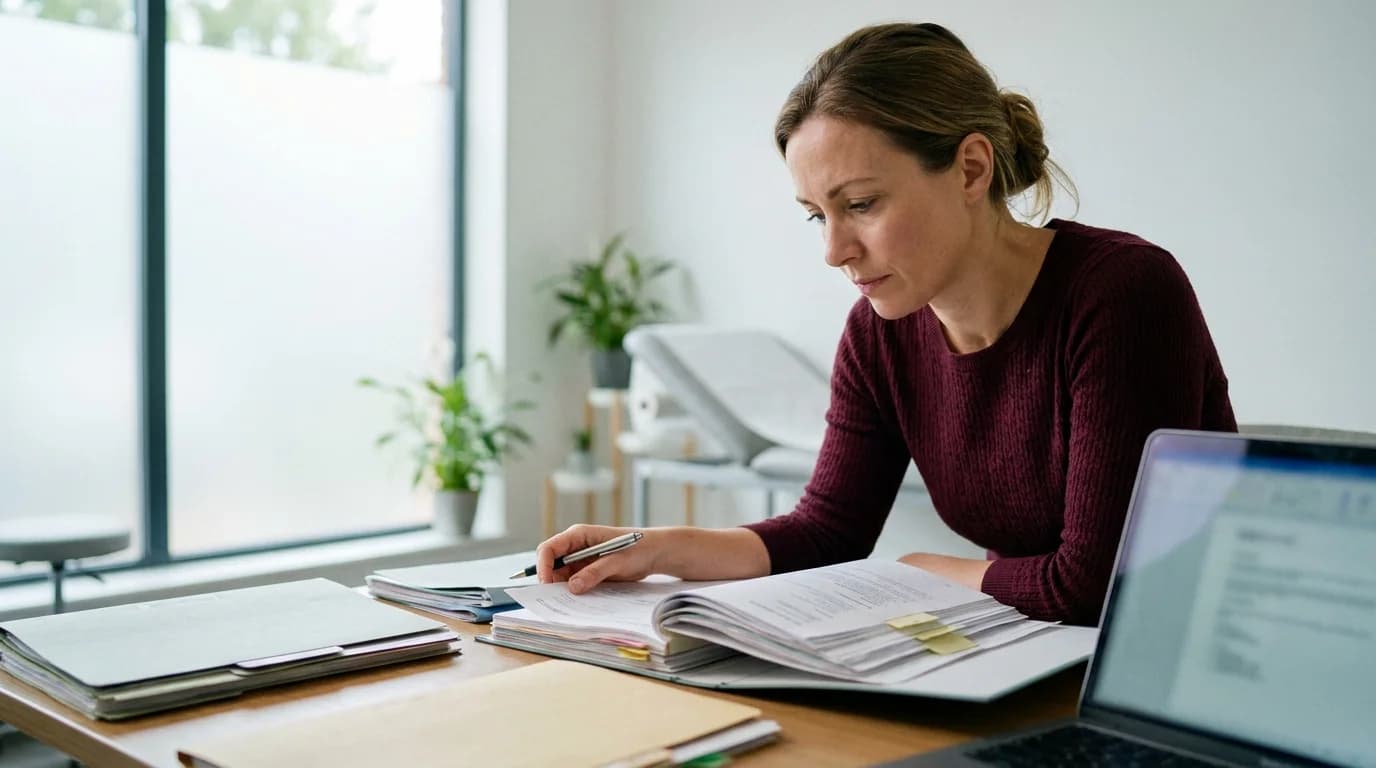 Psychiatrist reviewing a patient's medical records at a desk to assess causation