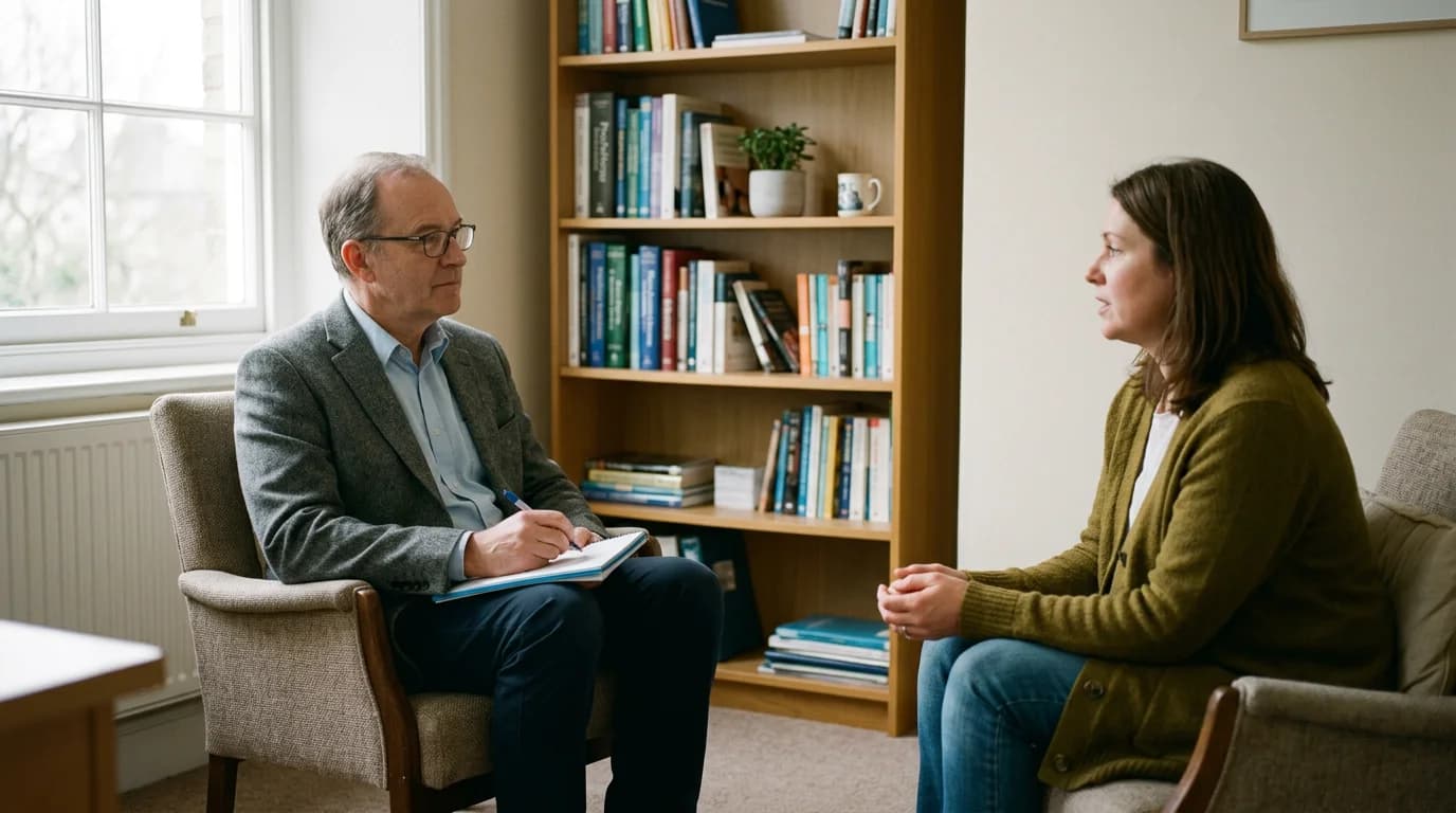 Consultant psychiatrist conducting an independent psychiatric assessment in a calm consulting room