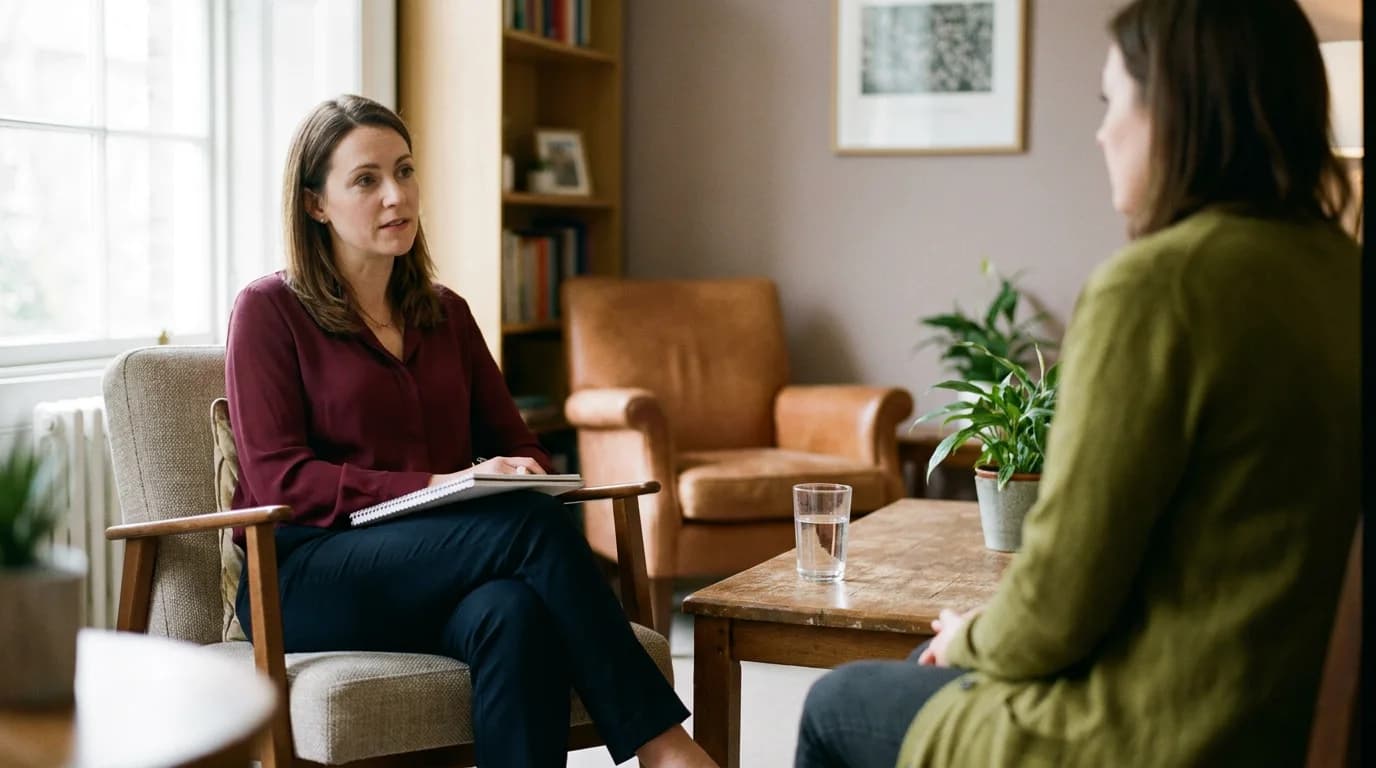 HCPC-registered psychologist in conversation with a client during a psychological assessment