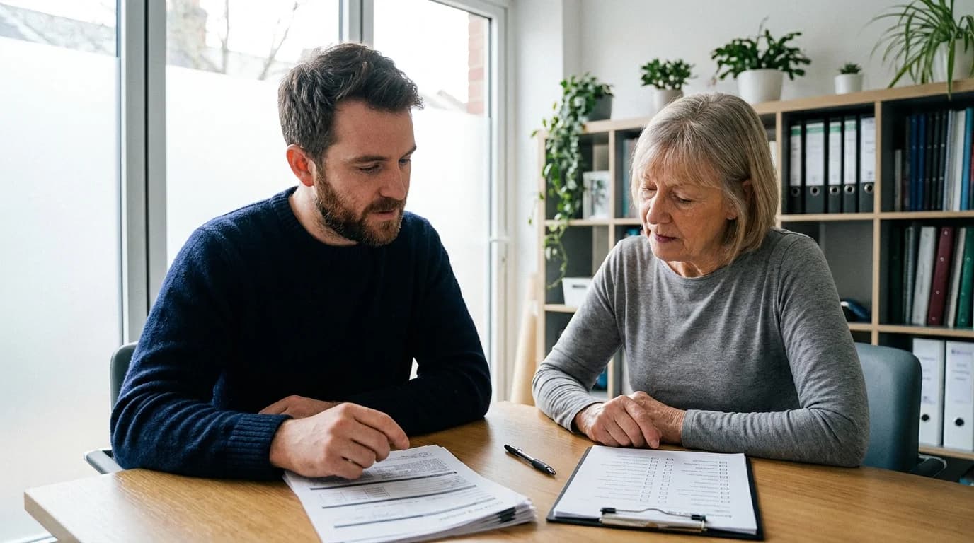Psychologist administering a standardised psychometric questionnaire at a desk