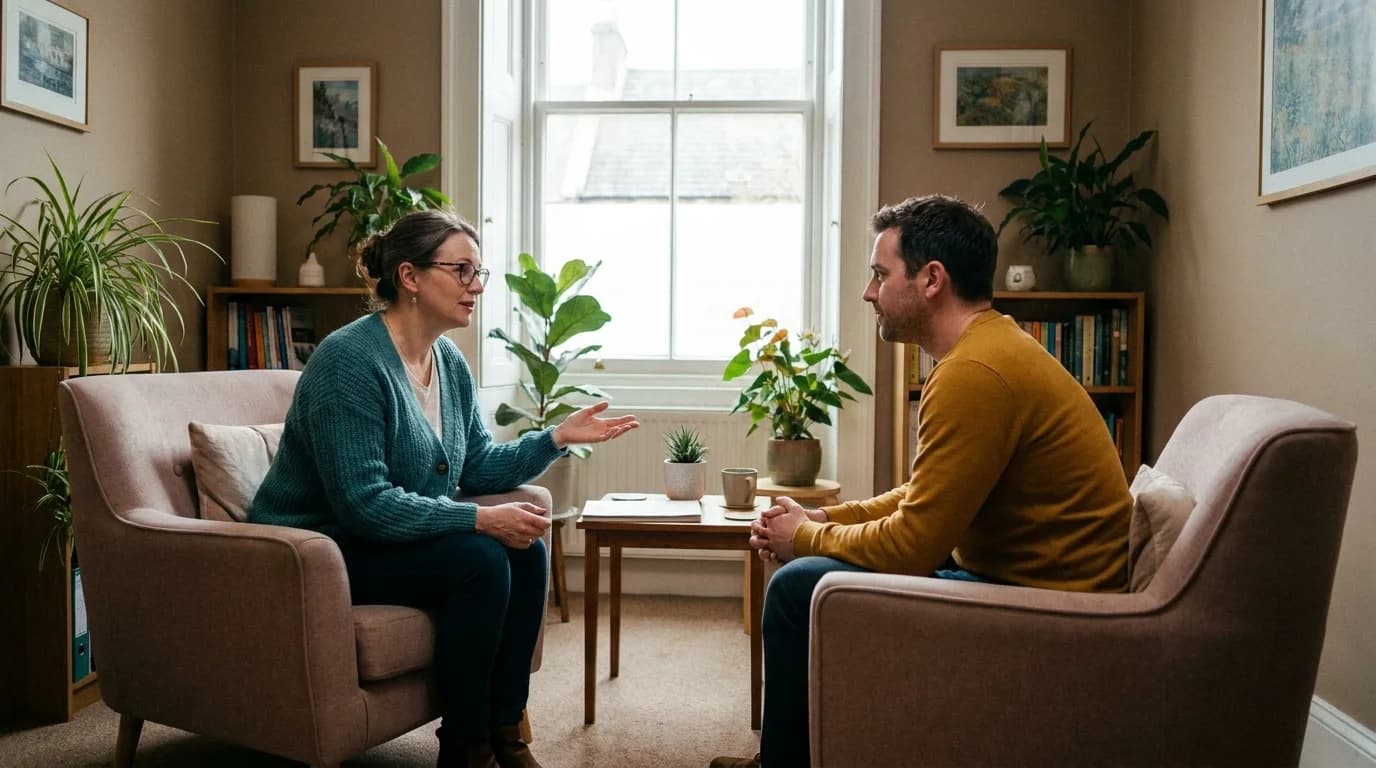 Psychologist discussing a recommended therapy plan with a client in a calm consulting room