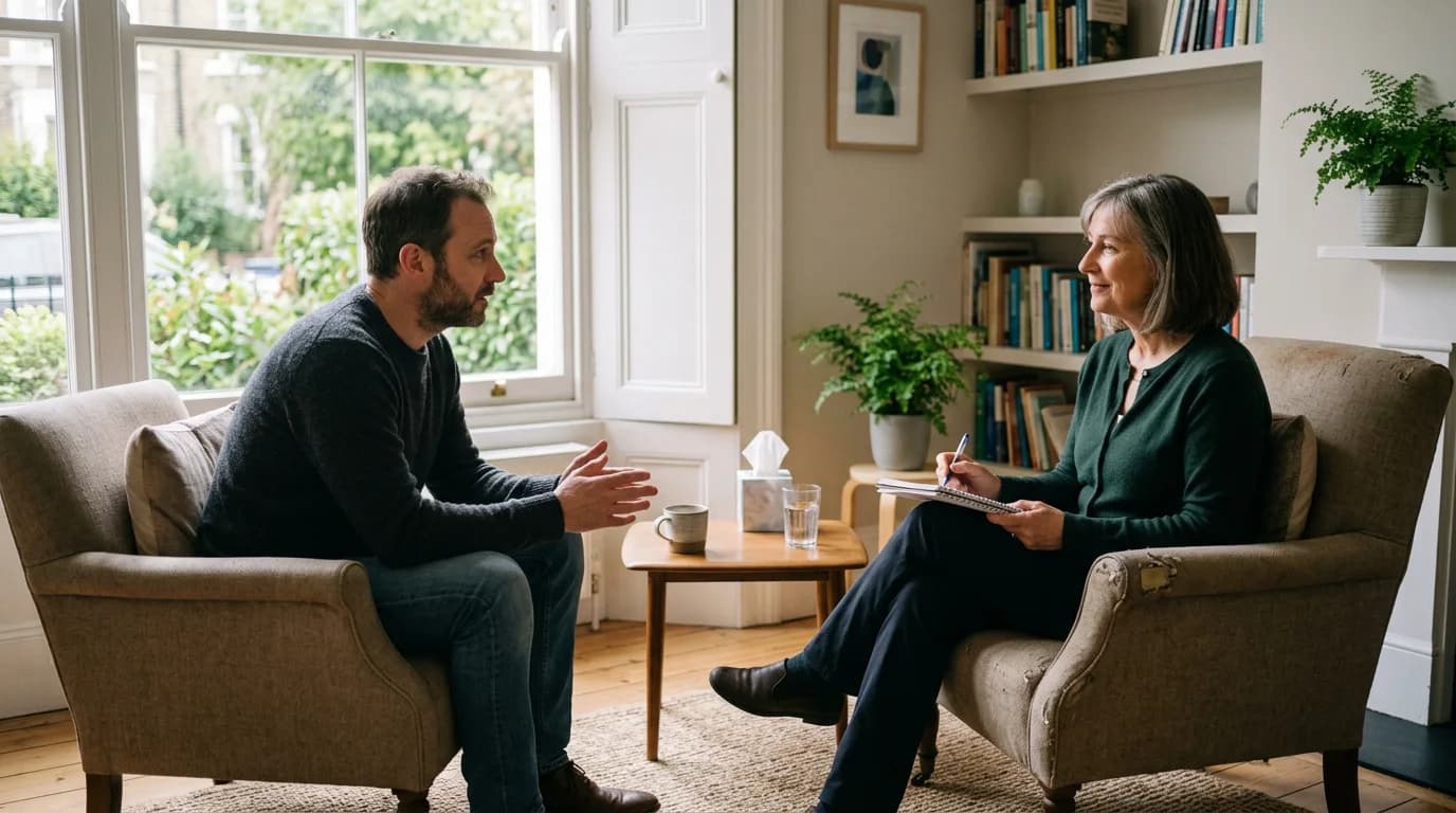 Practitioner psychologist conducting a psychological assessment in a calm consulting room
