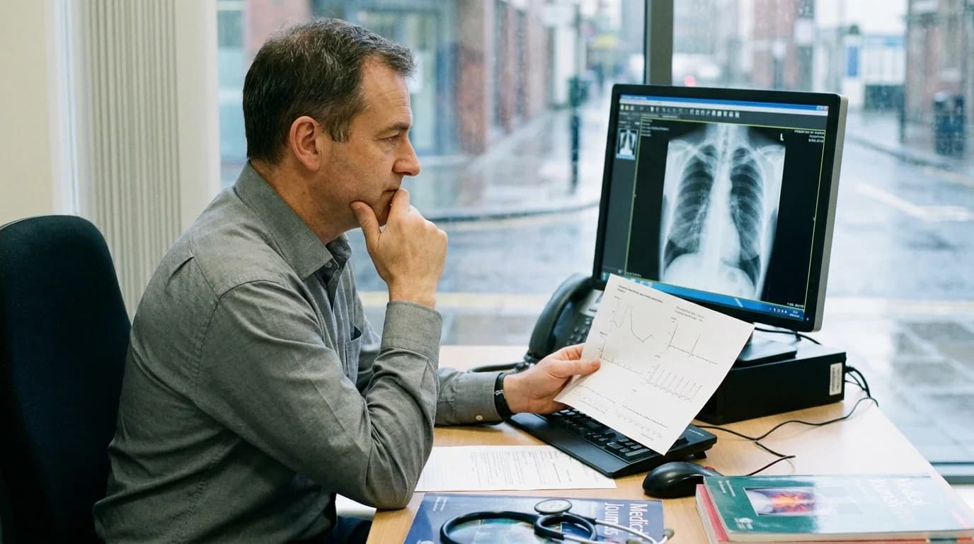 Consultant respiratory physician reviewing a chest X-ray and spirometry results
