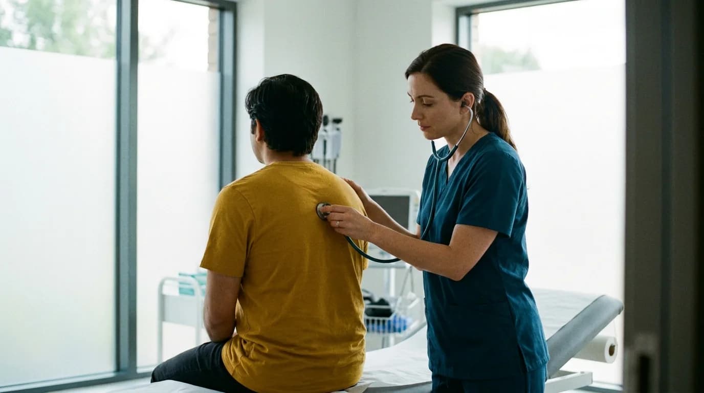 Respiratory physician examining a patient's chest with a stethoscope to assess asthma