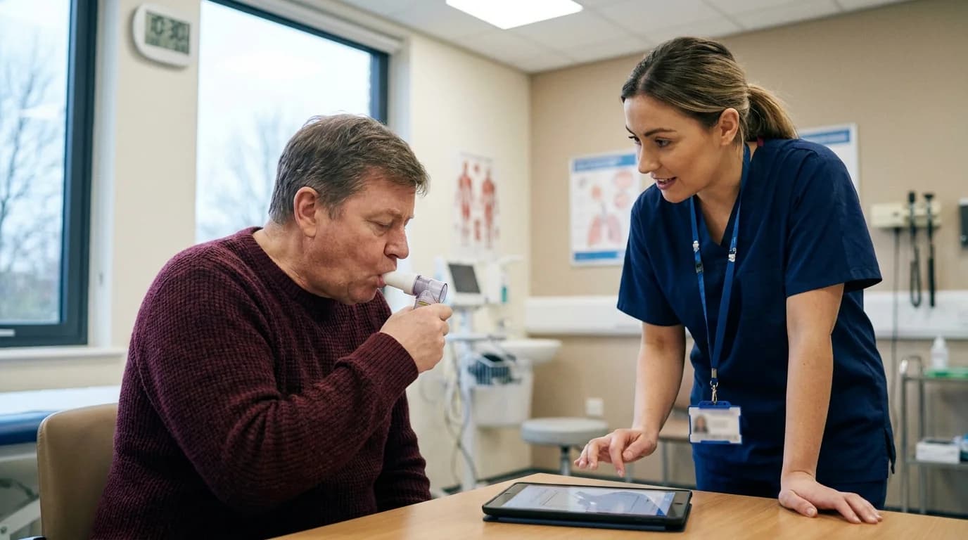 Patient performing a spirometry lung function test with a respiratory technician