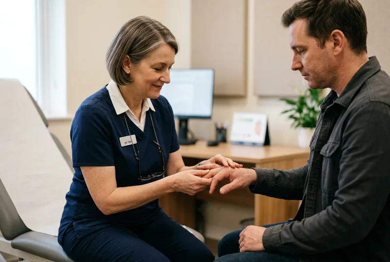Consultant rheumatologist examining a patient's hand joints for a medico-legal report