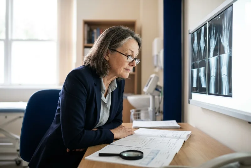 Rheumatologist reviewing joint X-rays for a medico-legal report