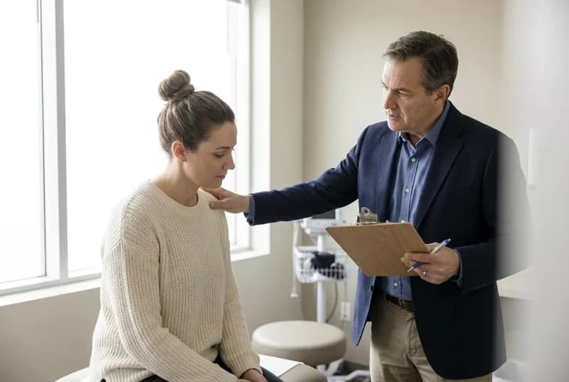 Rheumatologist assessing a patient's joints for a medico-legal report
