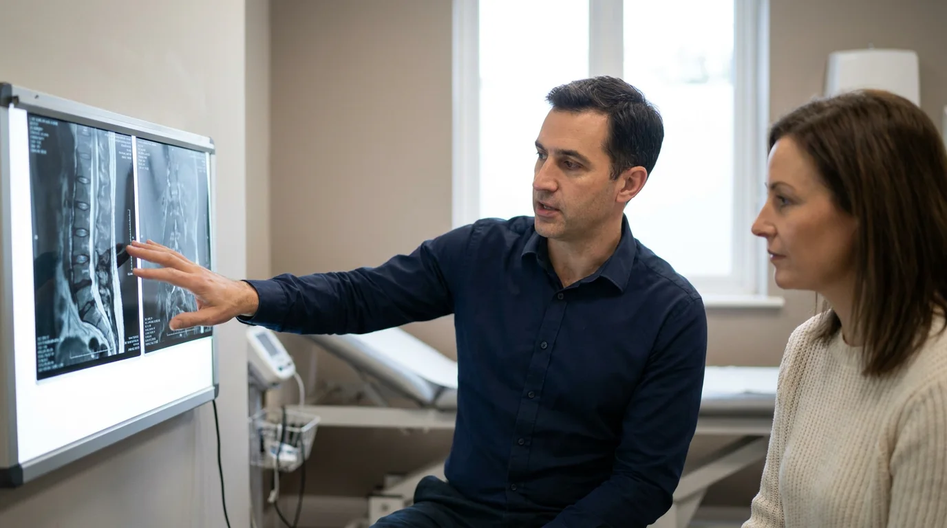 Spinal surgeon reviewing lumbar spine MRI images with a patient