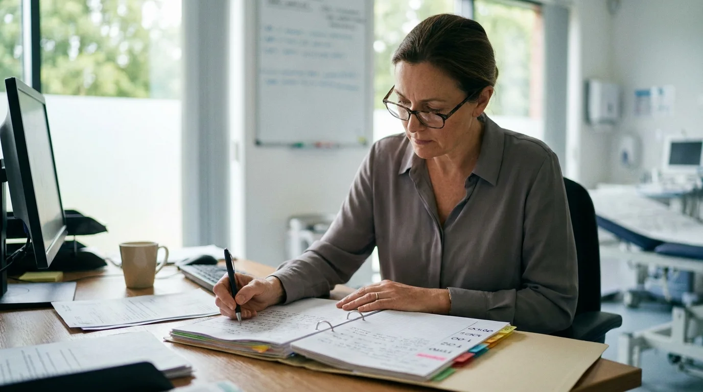 Spinal surgeon reconstructing a clinical timeline from case notes at a desk
