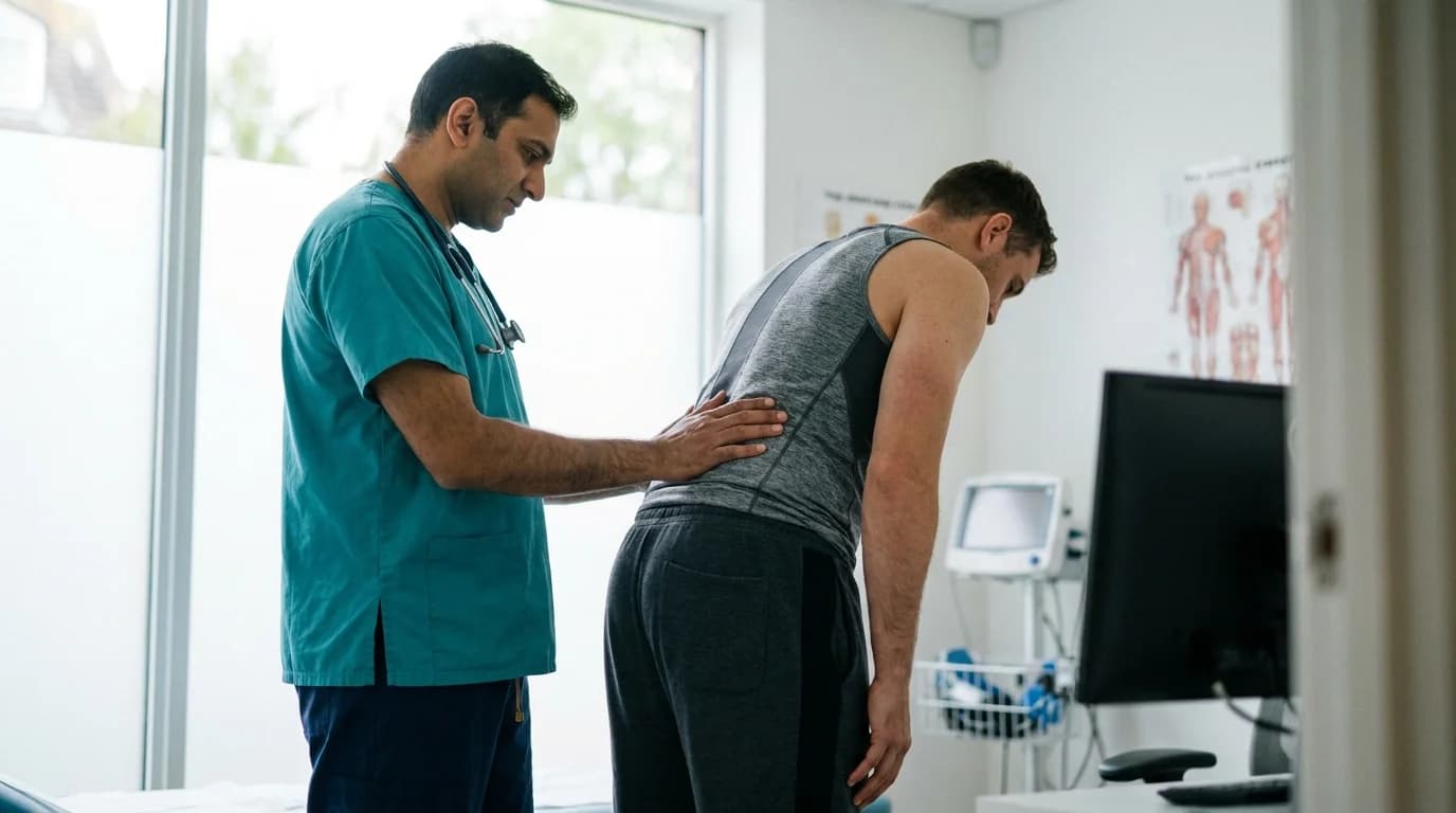 Spinal surgeon assessing a patient's back and posture in clinic