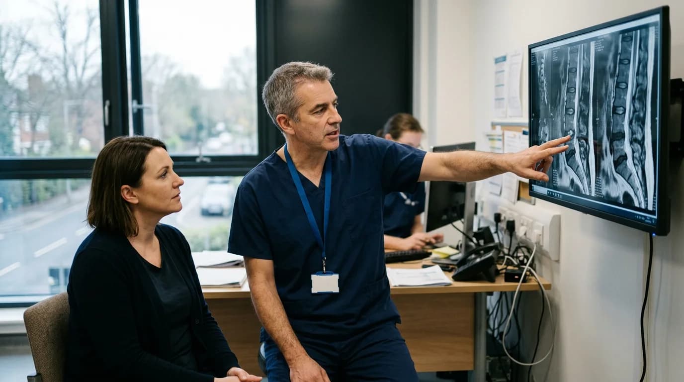 Consultant spinal surgeon examining lumbar spine MRI images with a patient in a spinal clinic