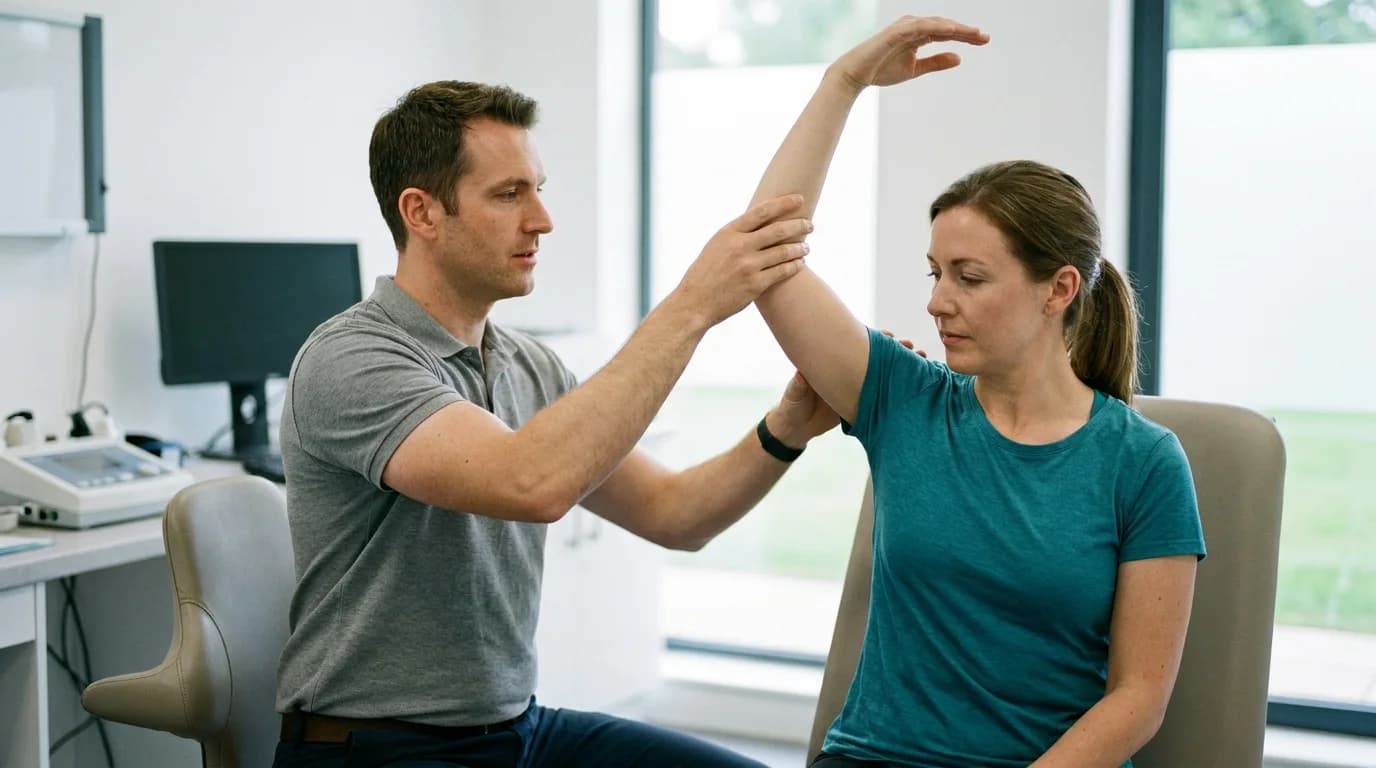 Upper limb surgeon assessing a patient's shoulder movement in clinic