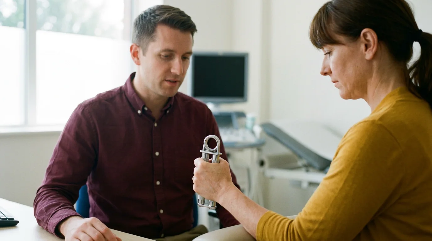 Upper limb consultant testing a patient's grip strength with a dynamometer