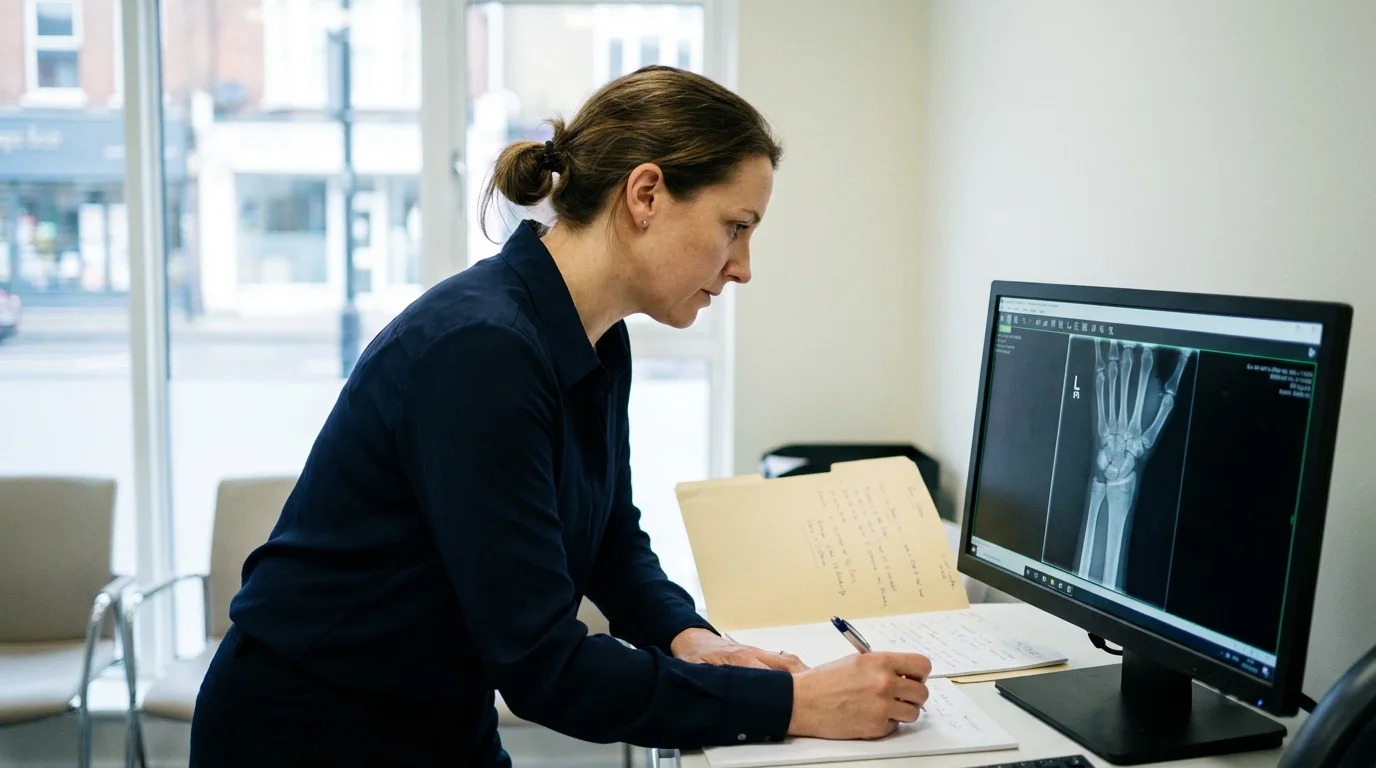 Upper limb consultant reviewing a wrist X-ray and case notes at a desk