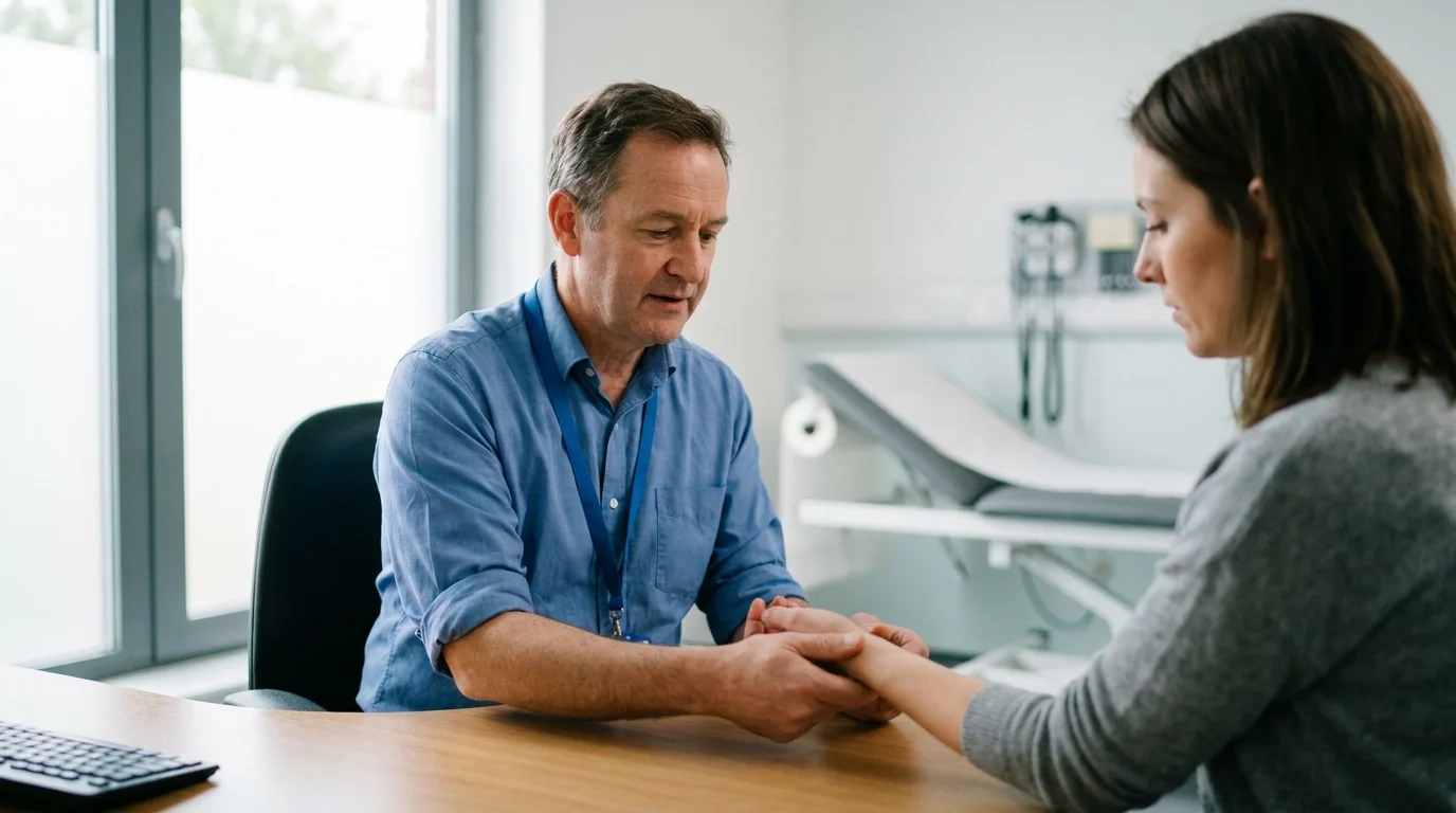 Consultant upper limb surgeon assessing a patient's shoulder and wrist movement during a medico-legal examination