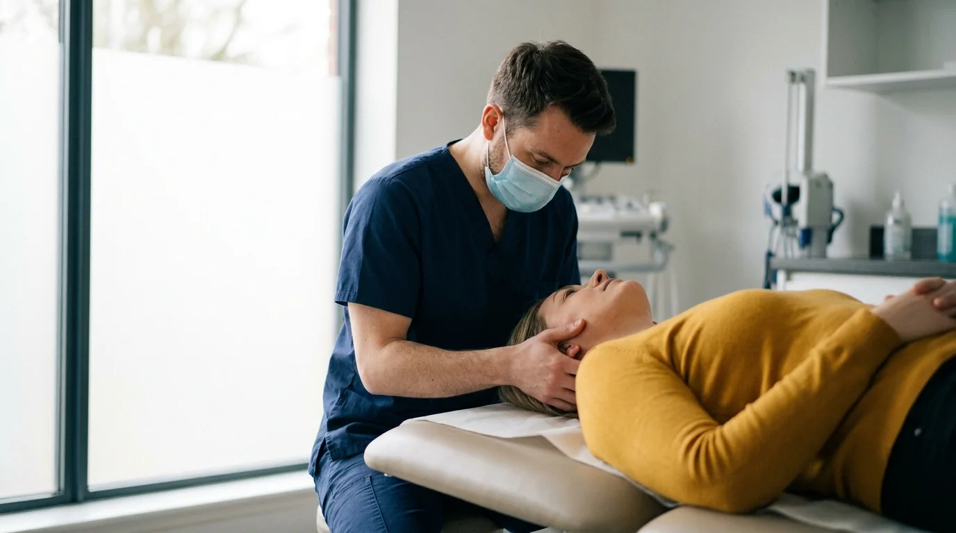 Clinician performing positional testing for vertigo on a patient