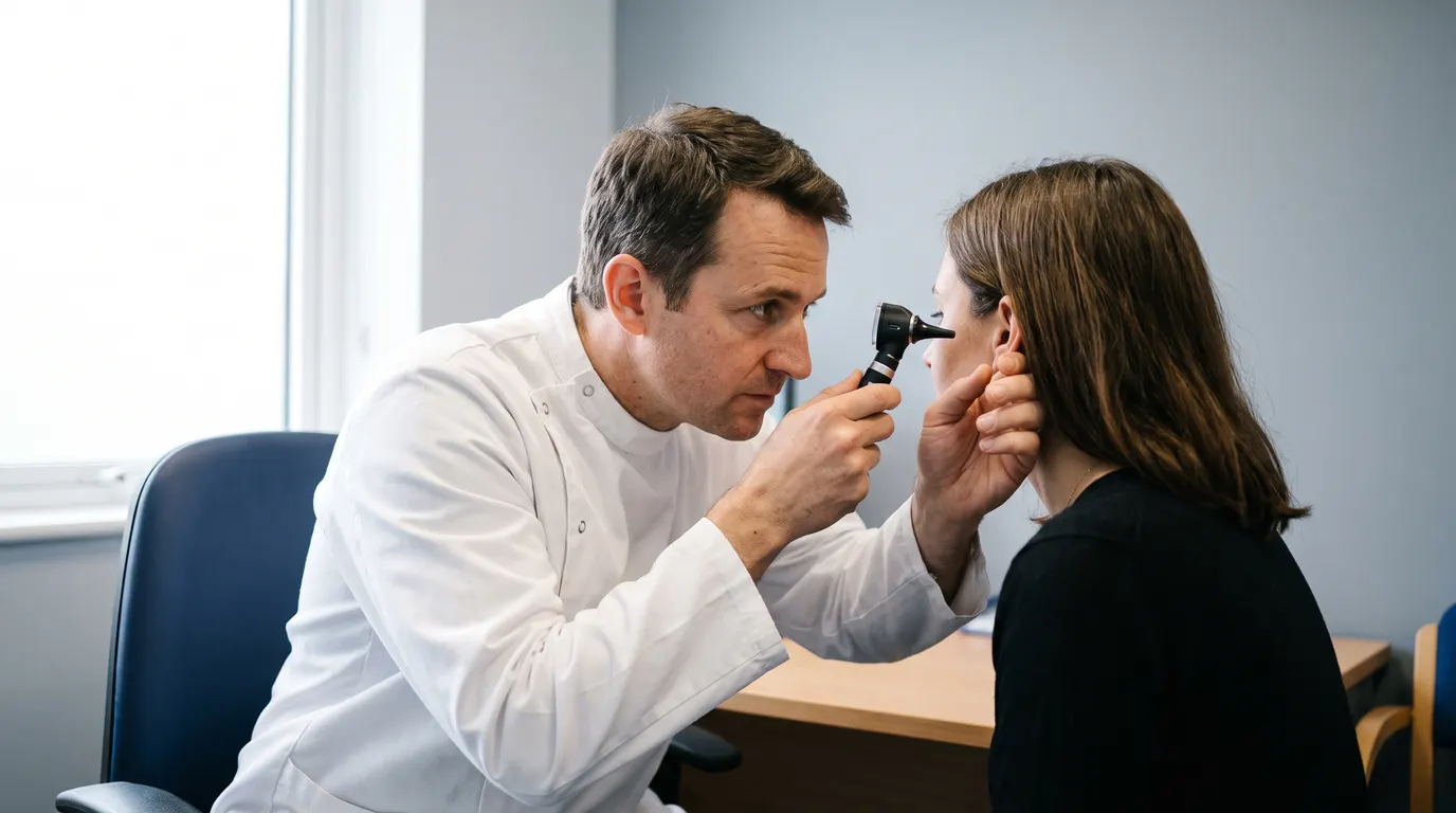 Consultant examining a claimant's ear with an otoscope during a vestibular medico-legal assessment
