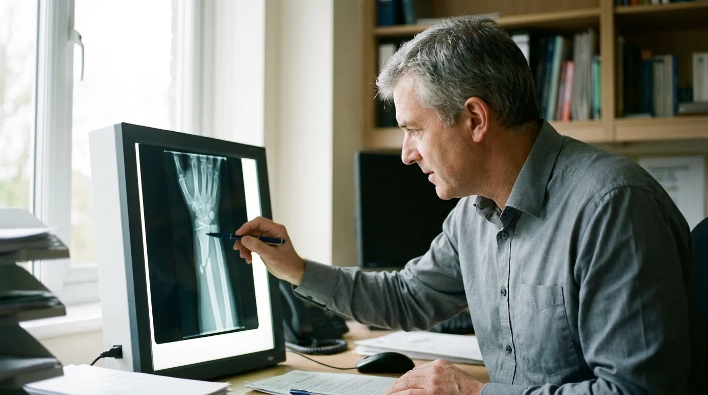 Consultant radiologist examining a wrist X-ray showing a fracture