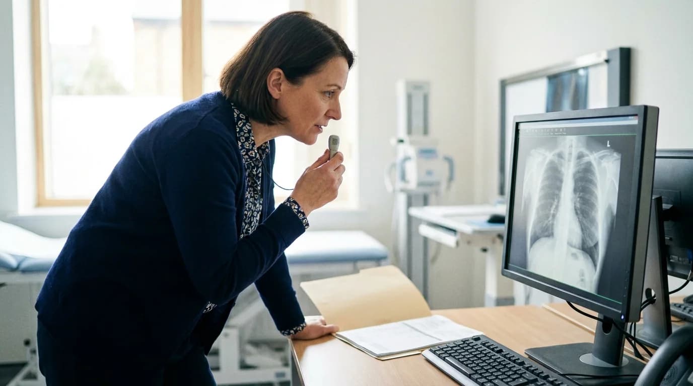 Consultant radiologist reviewing a chest radiograph and dictating a report