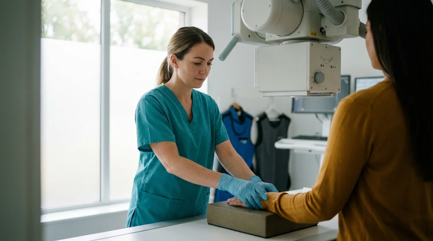 Radiographer positioning a patient's wrist for an X-ray in an imaging room