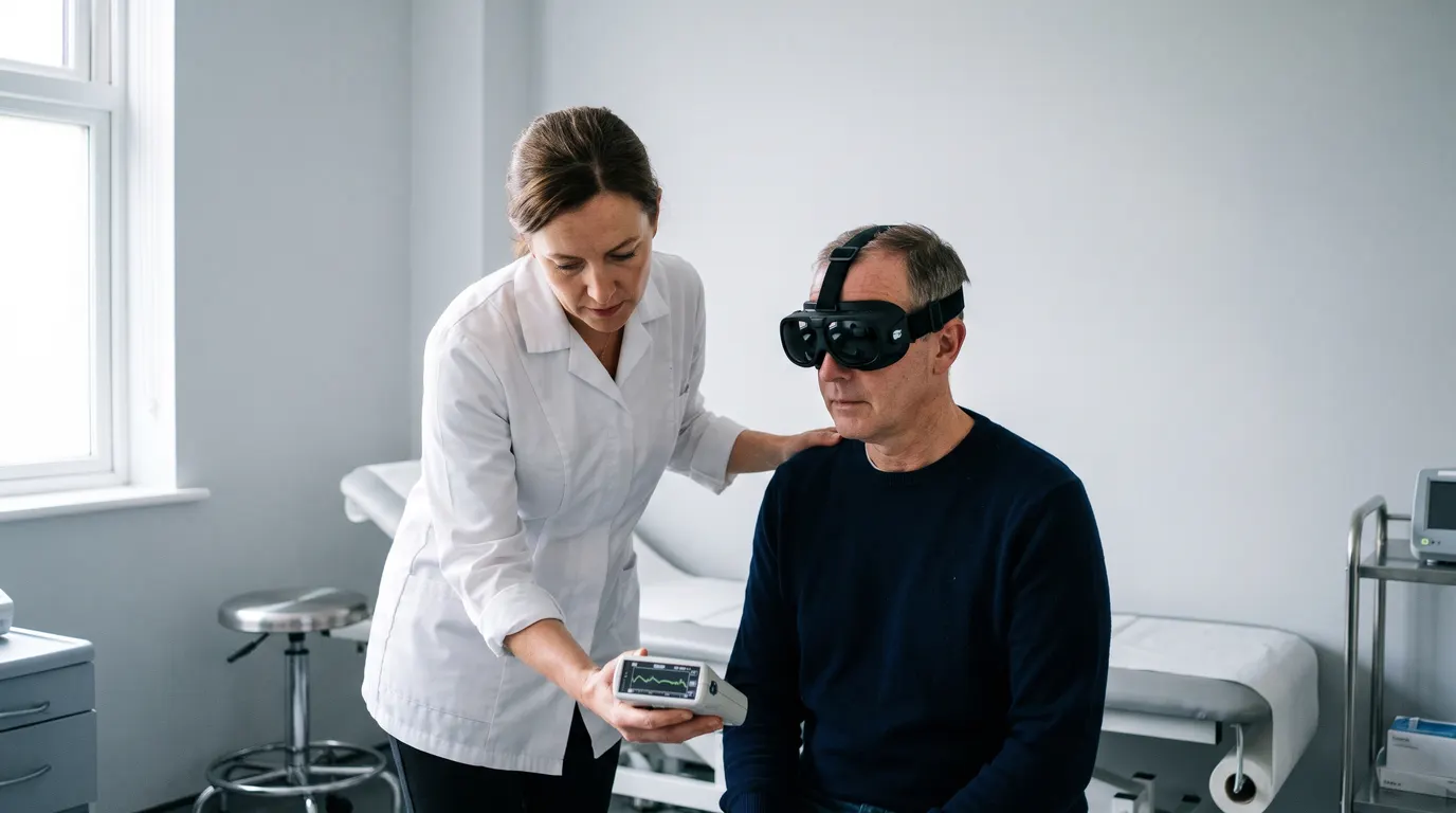 Claimant wearing infrared balance testing goggles during a vestibular assessment for a medico-legal report