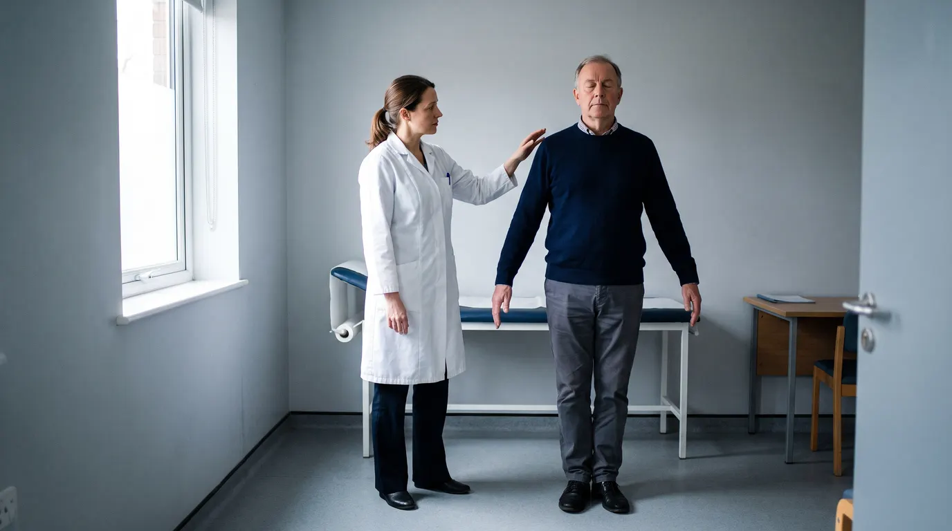 Consultant observing a claimant's standing balance during a vestibular assessment
