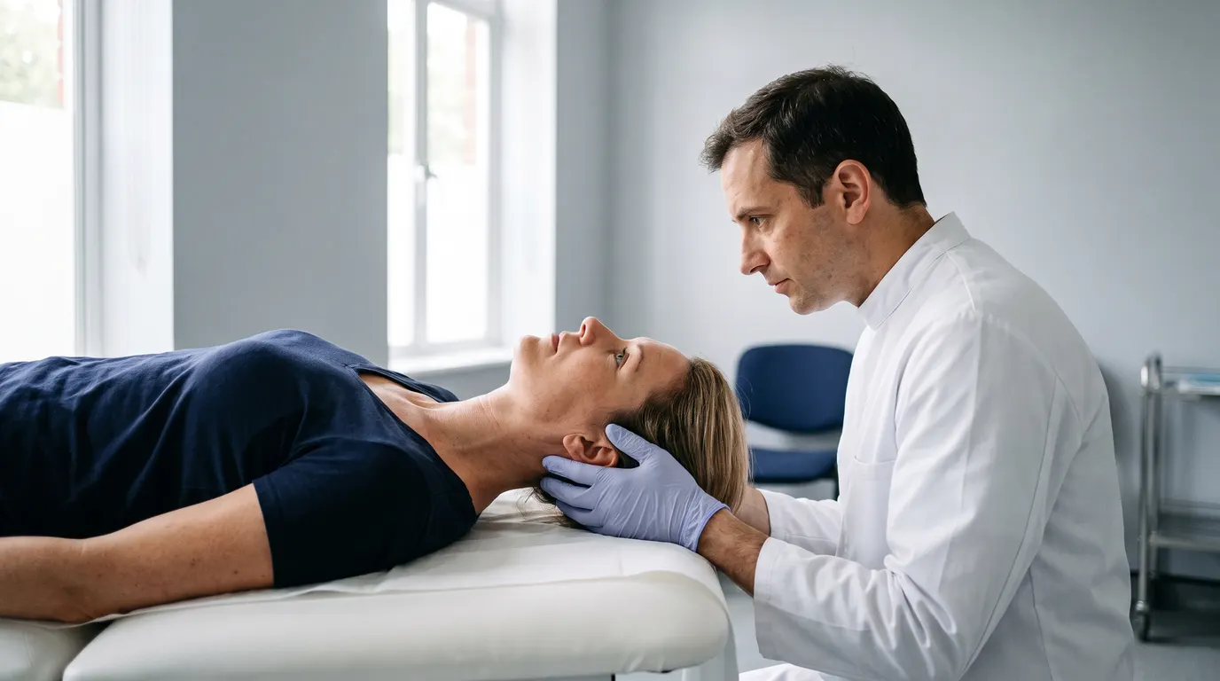 Consultant carrying out positional testing, the examination findings that feed into a vestibular report