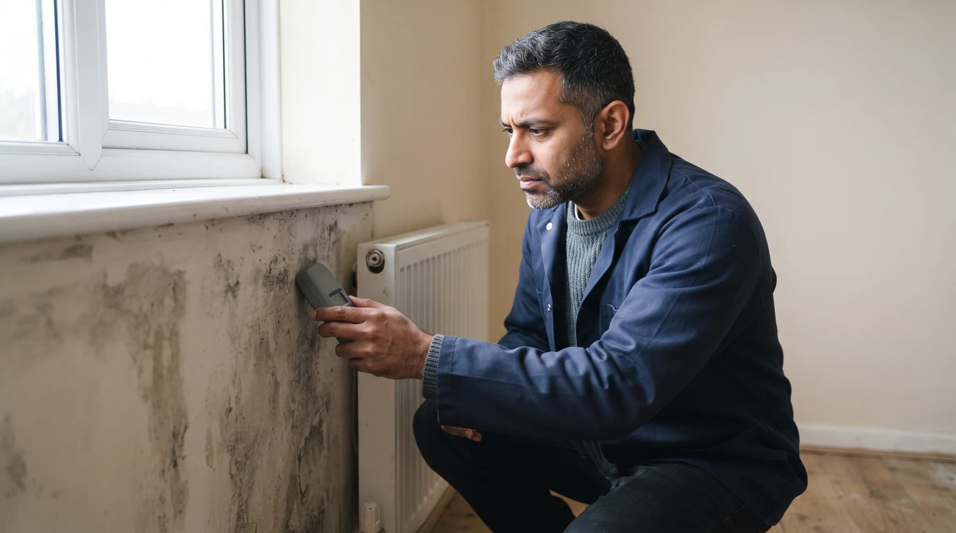 A surveyor kneeling to hold a damp meter against a mould-marked wall below a window in a social housing flat