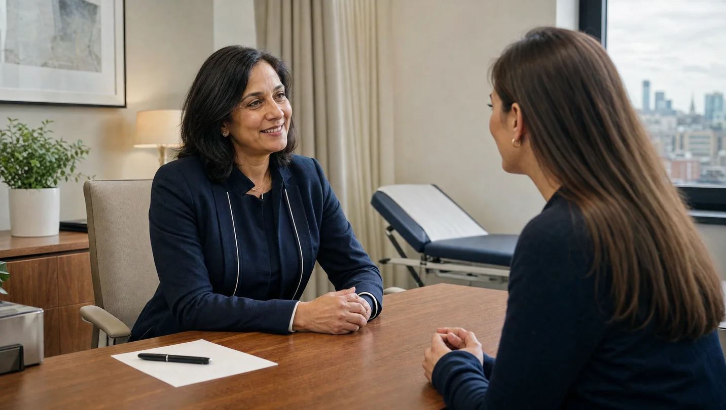 AI-generated illustration of a clinician and an adult discussing appointment arrangements