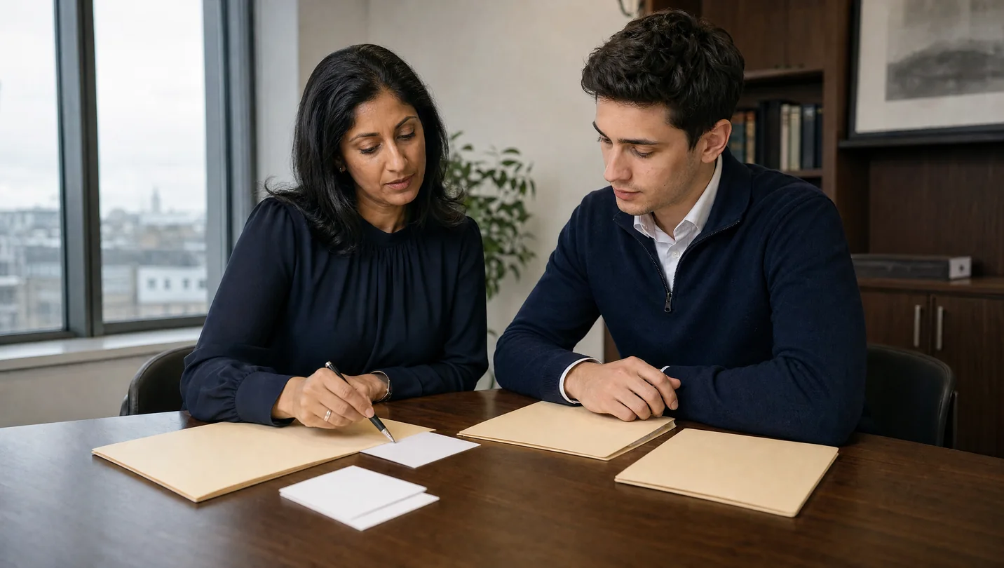 AI-generated illustration of two legal professionals organising case papers