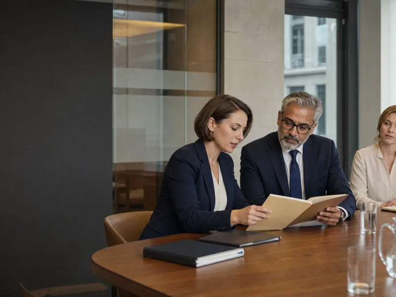 AI-generated illustration of a solicitor, medical consultant and case coordinator reviewing a folder
