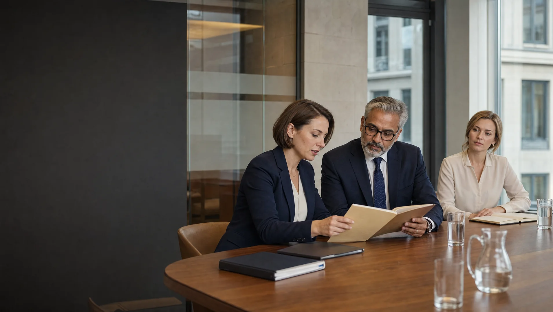 AI-generated illustration of a solicitor, medical consultant and case coordinator reviewing a folder