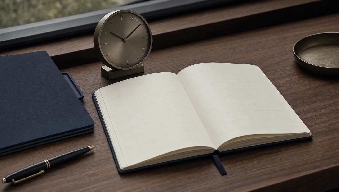 AI-generated illustration of a planner and desk clock beside a case folder