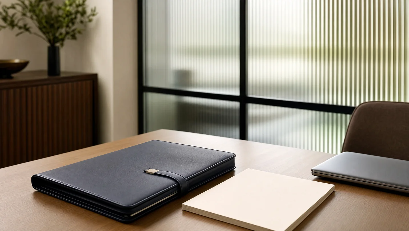 AI-generated illustration of a closed case folio and laptop
