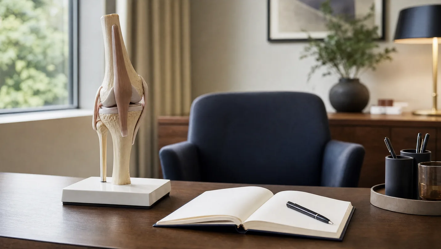 AI-generated illustration of a knee teaching model and notebook on a consultation desk