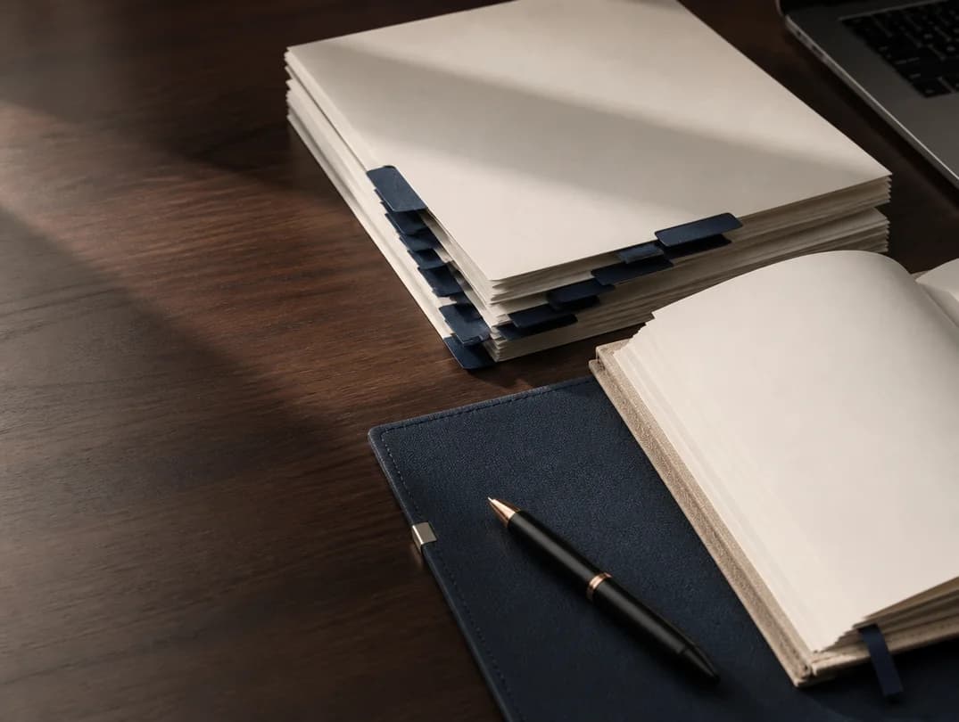 AI-generated illustration of indexed blank papers, a notebook and pen