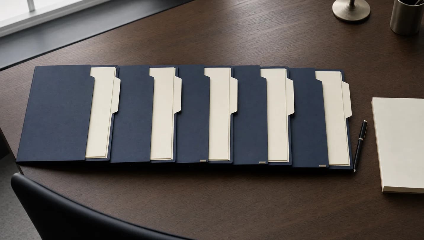 AI-generated illustration of six navy and ivory document folders arranged on a desk