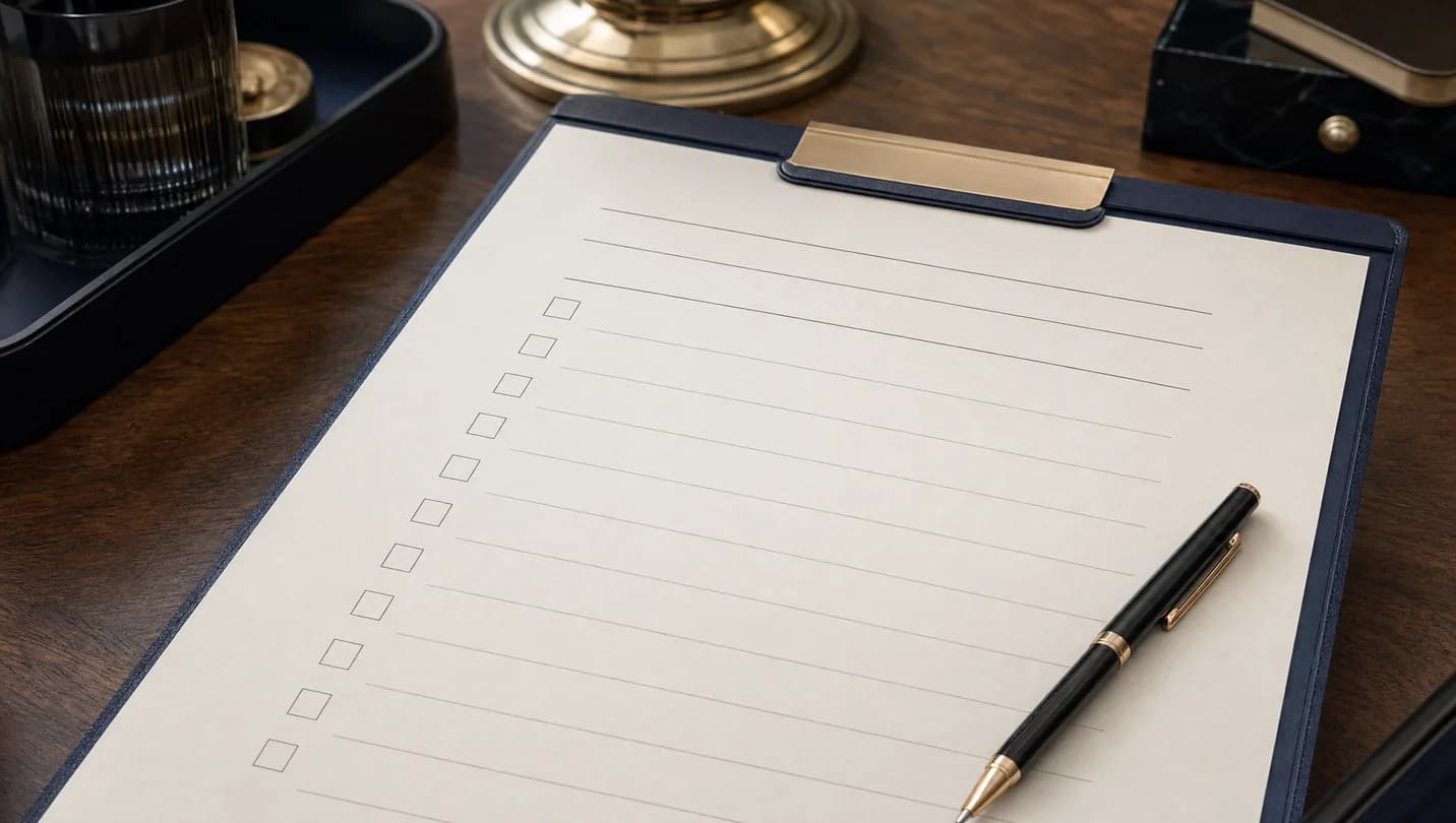 AI-generated illustration of a blank administrative checklist on a navy folio
