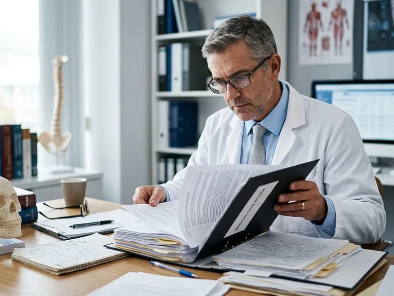 A medico-legal consultant reviewing a clinical records file to prepare an independent expert report