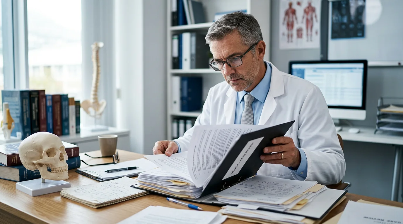A medico-legal consultant reviewing a clinical records file to prepare an independent expert report