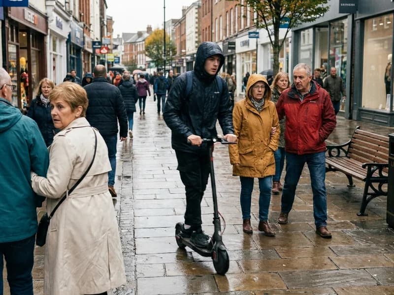 A private electric scooter being ridden fast through a busy pedestrianised UK high street as shoppers in colourful coats step aside