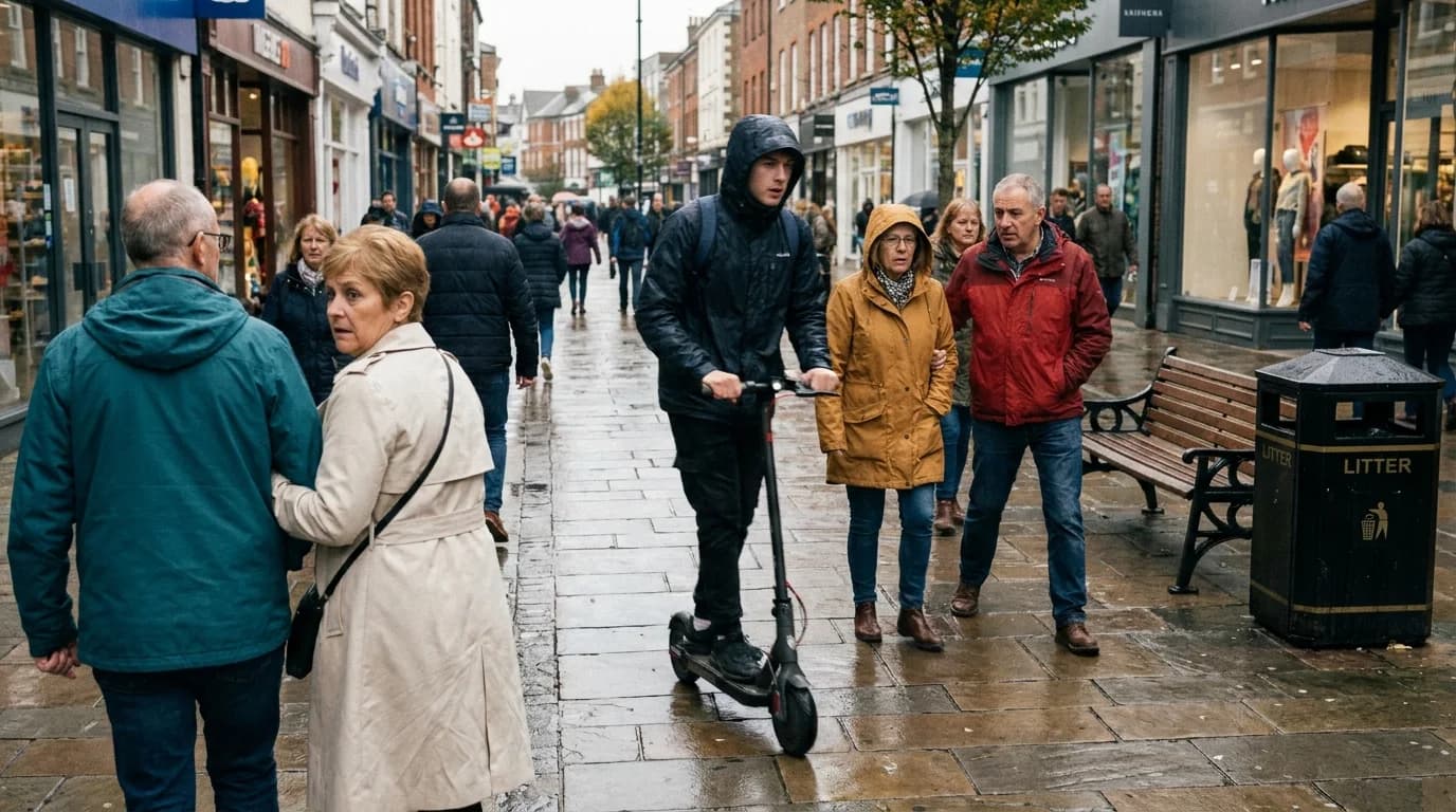 A private electric scooter being ridden fast through a busy pedestrianised UK high street as shoppers in colourful coats step aside