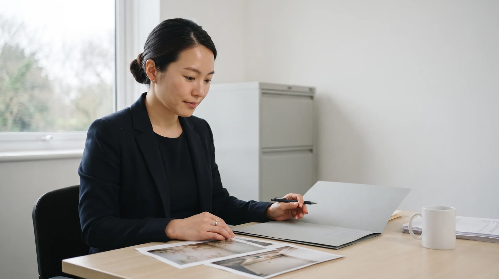 A housing solicitor reviewing printed photographs of a mould-stained wall beside the file for a housing disrepair claim