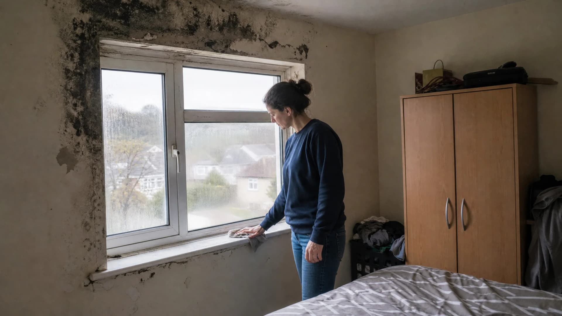 A tenant wiping condensation from a bedroom window sill beneath black mould, the kind of condition behind a housing disrepair claim